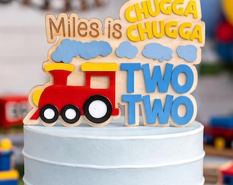 Chugga Chugga Two Two Personalized Acrylic Cake Topper, Train Birthday Theme, Red Blue Yellow, Second Birthday Decor For Boy