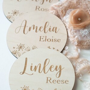 Floral Wooden Baby Name Birth Announcement Hospital Sign Engraved Round ...