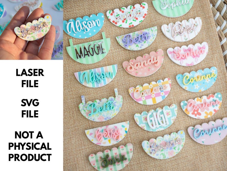 Puede incluir: Una colecci&oacute;n de etiquetas con nombres coloridas con bordes festoneados y varios nombres en escritura cursiva. Las etiquetas presentan patrones florales, a rayas y de lunares. El texto a la izquierda dice "LASER FILE", "SVG FILE" y "NOT A PHYSICAL PRODUCT".