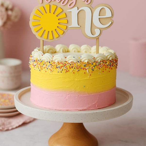 Personalized First Birthday Sun Themed Cake Topper for First Birthday Party Theme Decor for Toddler Girl or Boy Yellow Sun One Year Birthday