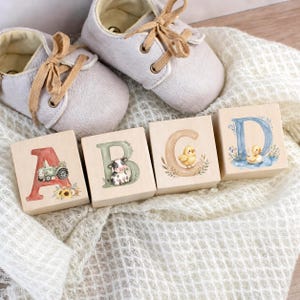 Op de afbeelding: Een paar lichtgrijze babyschoentjes met lichtbruine veters en vier houten blokken met de letters A, B, C en D. Elke letter is versierd met illustraties: een tractor op de A, een koe op de B, een kuikentje op de C en een eendje op de D.