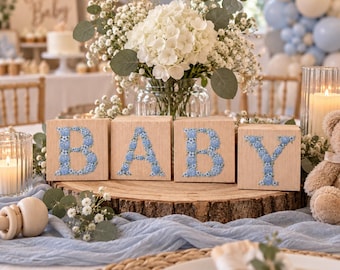 Floral Blue and White Wood Blocks with Monogram Letters, Baby Shower Centerpiece