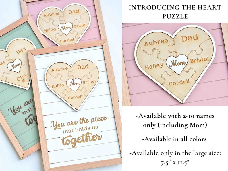 Puede incluir: Rompecabezas de madera en forma de coraz&oacute;n con nombres grabados en cada pieza, exhibido en un marco. El rompecabezas es de color marr&oacute;n claro, con los nombres "Aubree", "Dad", "Mom", "Bristol", "Cordell" y "Hailey" visibles. El marco es marr&oacute;n claro y blanco.