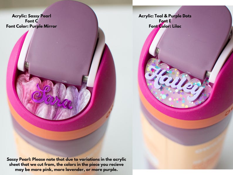 Placa con nombre Owala de Freesip, nombre personalizado, rosa, morado y menta, 16/19/24/32/40 oz, accesorio para botella de agua Owala personalizada, etiqueta con nombre para regreso a clases imagen 2