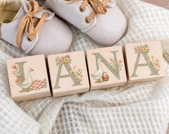 Silly Goose at a Picnic Alphabet Wood Blocks with Monogram Letters Personalized/ Sage Green Neutral Nursery Decor/ Unique Baby Shower Gift