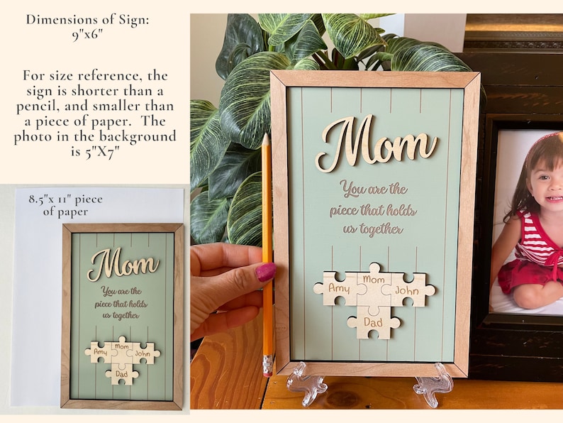 Mutter-Puzzle-Schild, Muttertagsgeschenk von Kindern, Ehemann, individuell graviertes Holzschild, Stück, das uns zusammenhält, Oma-Geschenk, personalisierbar, einzigartig Bild 7