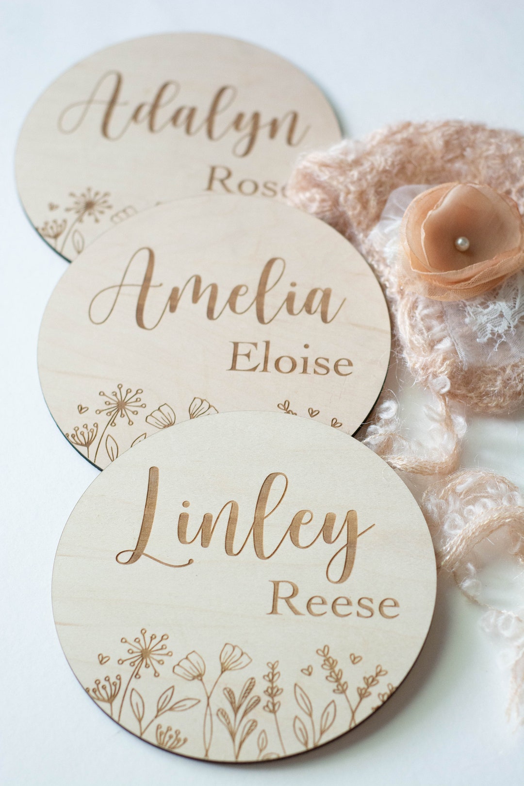 Floral Wooden Baby Name Birth Announcement Hospital Sign Engraved Round ...