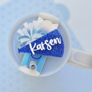 Cheer Stanley Name Plates Lid Toppers Cup Accessories Personalized Cheerleading Name Tag Megaphone School Colors Tumbler 40 or 30 oz