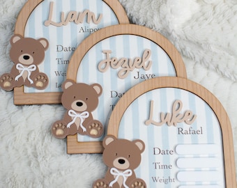Teddy Bear Arch Newborn Birth Announcement Stat Sign for Hospital, Baby Boy Nursery Decor, Whimsical Stripe Baby Fresh 48, New Parents Gift