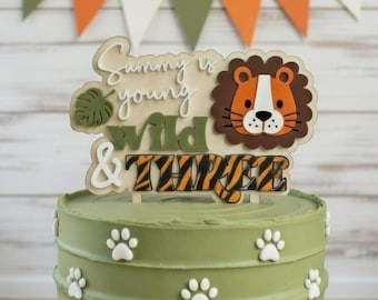 Young Wild and Three Safari Animals Lion Cake Topper with Personalized Name for 3rd Birthday/ Jungle Theme 3 Year Old Cake Smash/ Photo Prop
