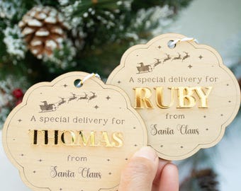 Special Delivery from Santa Custom with Child's Name Wooden Engraved Name Gift Tag, Magic of Christmas Accessory, Personalized Holiday Decor
