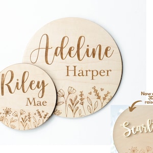 Floral Wooden Baby Name Announcement Sign Engraved Round Boho Flower Baby Reveal Plaque Modern Birth Announcement Newborn Photo Prop