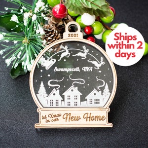 New Home Ornament Personalized Our First Christmas in Our New House Custom Wood and Acrylic Bauble Gift for Housewarming or New Homeowners image 1