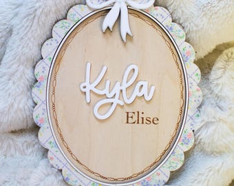 Oval Birth Stat Sign: Coquette Toile Floral Name Announcement Wood Plaque