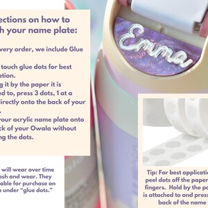 Puede incluir: Primer plano de una placa de identificaci&oacute;n personalizada con el nombre "Emma" en fuente cursiva. La placa de identificaci&oacute;n est&aacute; adherida a una botella de agua. Se incluyen instrucciones sobre c&oacute;mo colocar la placa.