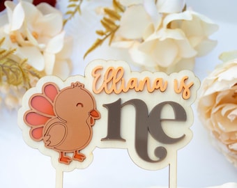 Little Turkey is One Cake Topper Personalized Name First 1st Birthday Thanksgiving Theme Fall Autumn Acrylic Topper Cake Smash Photo Prop