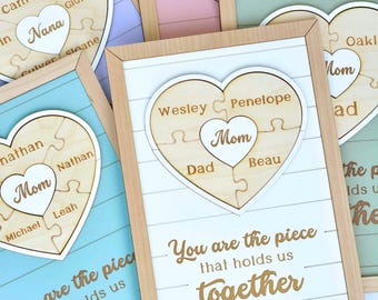 Letrero de madera personalizado con forma de corazón para mamá, regalo para el Día de la Madre, regalo para el esposo o los hijos, pieza que nos une, regalo para la abuela, personalizado y único.