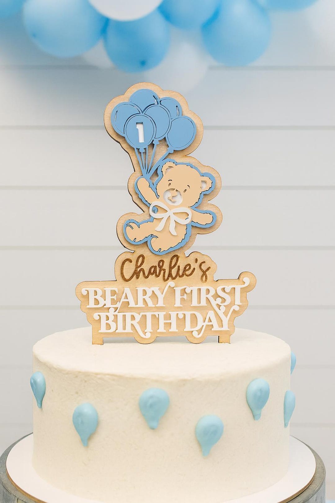 Beary First Birthday Bear With Balloons Acrylic Name Cake Topper for ...