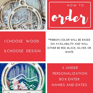 May include: Wooden Christmas ornaments with a detailed design, featuring the text "Christmas 2021". The image also includes instructions: Choose wood, choose design, and enter names and dates in the personalization box. Ribbon colors will be red, black, silver, or white.