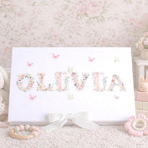 May include: A white rectangular sign with the name "OLIVIA" in floral letters. The letters are decorated with pink flowers and green leaves. Pink butterflies are scattered around the name. A white ribbon is tied at the bottom.