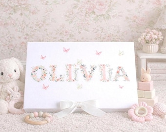 Personalized Baby Memory Box, Pink Floral Monogram Keepsake Gift Box