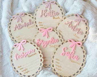 Pink Bow Coquette Birth Stat Sign Birth Announcement Sign for Hospital/ Birth Stat Sign for Girl/ Name Sign Newborn Baby/ Round Photo Prop