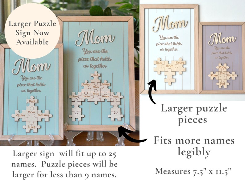 Mutter-Puzzle-Schild, Muttertagsgeschenk von Kindern, Ehemann, individuell graviertes Holzschild, Stück, das uns zusammenhält, Oma-Geschenk, personalisierbar, einzigartig Bild 8