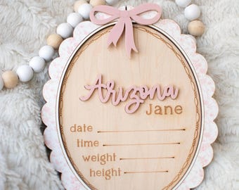 Pink Bow Coquette Birth Stat Sign Birth Announcement Sign for Hospital/ Birth Stat Sign Girl/ Name Sign Newborn Milestone/ Toile Photo Prop