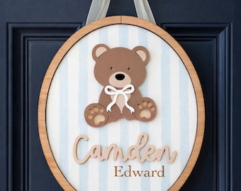 Teddy Bear Hospital Door Hanger Birth Announcement Sign Custom Neutral Blue Pink Green Stripes Girl Boy Name Sign/Newborn Prop Fresh 48
