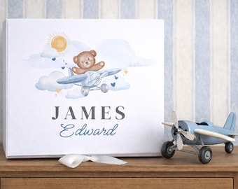 Airplane and Bear Personalized Baby Memory Box with Custom Name, Keepsake Magnetic Gift Box, Vintage Blue Plane Decor, New Parent Gift