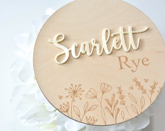 Baby Name Announcement Birth 3D Wood Sign Hospital Name Sign  Floral Wooden Engraved Round Boho Flower Baby Reveal Plaque Newborn Photo Prop