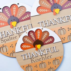 Zawieszka na drzwi z indykiem na Święto Dziękczynienia, niestandardowa dekoracja na drzwi ganku, 3D jesienny znak powitalny, podziękowania, wdzięczność, drewniany okrągły