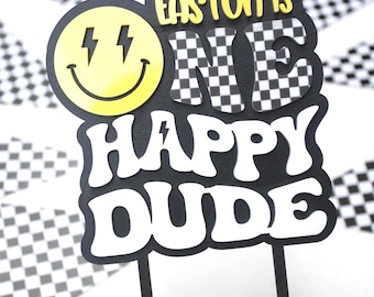 One Happy Dude Cake Topper, Personalized First Birthday Smash Cake Acrylic Topper Retro Checkered Race Black White Boy Party Decor, One Year