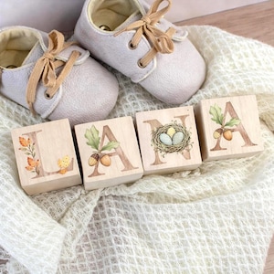 May include: A pair of light beige baby shoes with tan laces and wooden blocks spelling out the name "LANA". The blocks are decorated with watercolor illustrations of leaves, acorns, and a bird's nest with eggs. The items are arranged on a white, textured blanket.