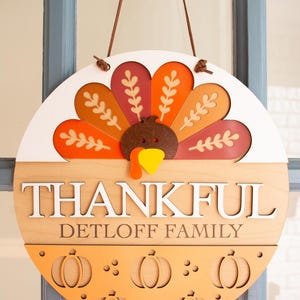 Zawieszka na drzwi z indykiem na Święto Dziękczynienia, niestandardowa dekoracja na drzwi ganku, 3D jesienny znak powitalny, podziękowania, wdzięczność, drewniany okrągły