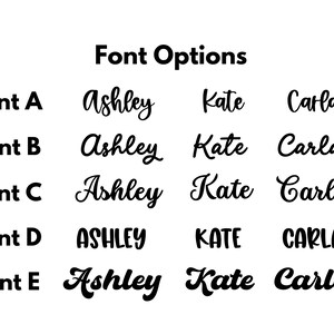 Puede incluir: Imagen que muestra opciones de fuentes. Los nombres Ashley, Kate y Carla se presentan en varios estilos, etiquetados de la A a la E. El texto es negro sobre un fondo blanco.