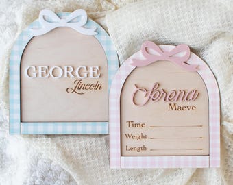 Blue and Pink Gingham Birth Announcement Sign for Hospital/ Arch Newborn Wood Stat and Milestone for Girl or Boy