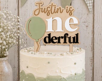 ONEderful" First Birthday Cake Topper Acrylic and Wood Personalized Balloon Design, Cake Smash Prop