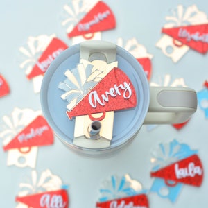 Cheer Stanley Name Plates Lid Toppers Cup Accessories Personalized Cheerleading Name Tag Megaphone School Colors Tumbler 40 or 30 oz