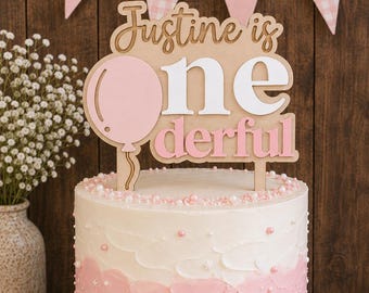 Pink Personalized Isn't She "ONEderful" First Birthday Cake Topper Acrylic and Wood Balloon Design