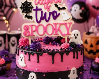 Personalized Spooky Two Birthday Cake Topper: Ghost, Spider Web, Bat Acrylic Halloween Decor