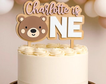 Bear Cake Topper, First Birthday Decor Party Blue or Pink, Acrylic Name Topper, Beary Woodland Theme Party, Cake Smash, One Year Old