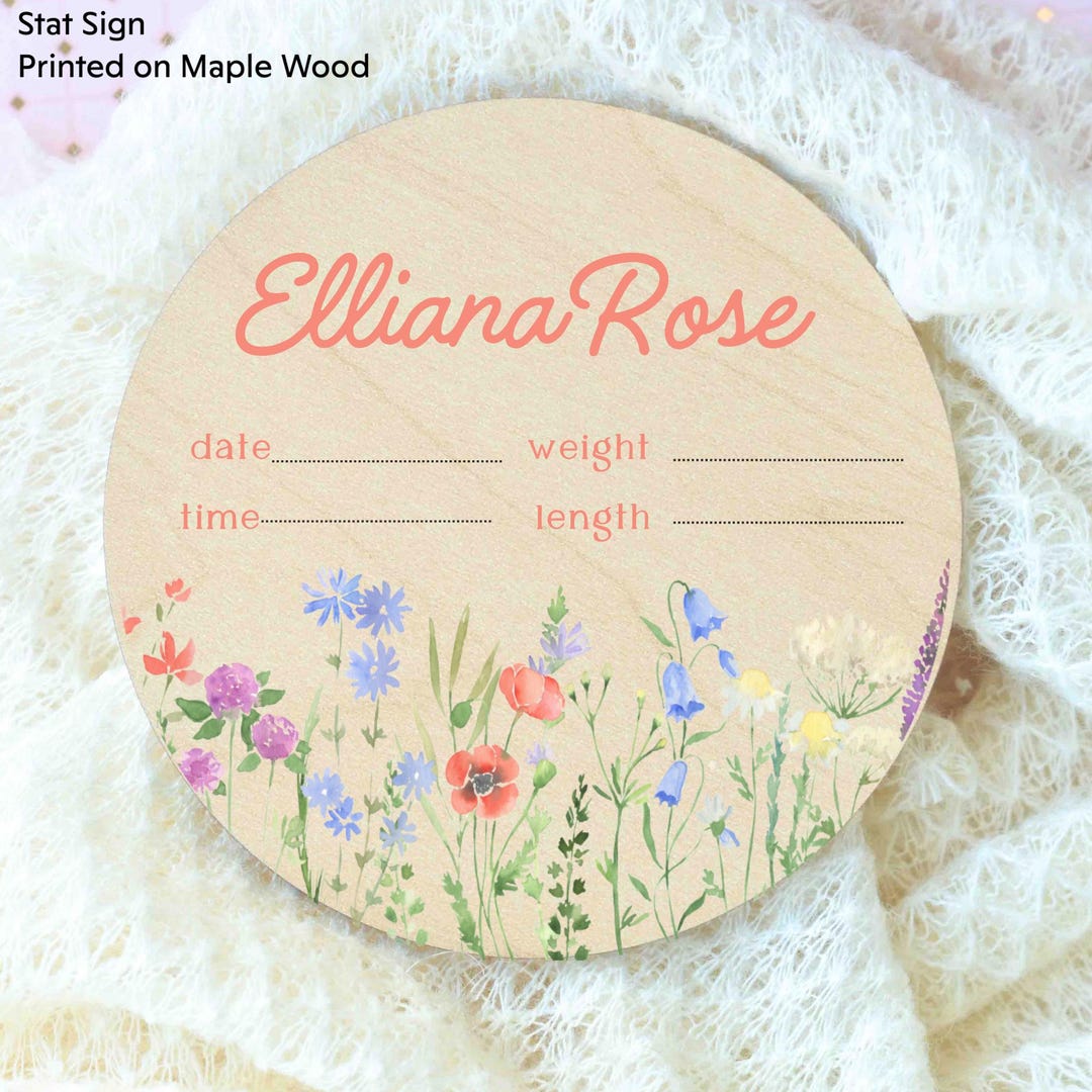 Floral Wooden Baby Name Birth Announcement Hospital Stat Sign Round ...