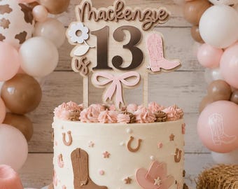 Personalized Teen Rodeo Cowgirl Themed Cake Topper for Thirteenth Birthday with Boots and Bows