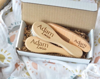 Set of 3 Personalized Baby Hair Brush and Comb Newborn Baby Shower Gift, Custom Wooden Engraved Keepsake for Girl or Boy, Bath Beauty