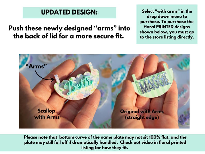 Puede incluir: Se muestran dos placas con nombres, una con borde festoneado y el nombre "Beth" en un dise&ntilde;o floral, y la otra con borde recto y el nombre "Maggie" en un dise&ntilde;o a rayas. El texto "UPDATED DESIGN" est&aacute; en la parte superior.