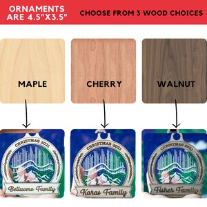 May include: Wooden Christmas ornaments, 4.5" x 3.5", in maple, cherry, and walnut. Each ornament features a winter scene with the text "Christmas 2021" and a family name. The image also includes the text "Choose from 3 wood choices."