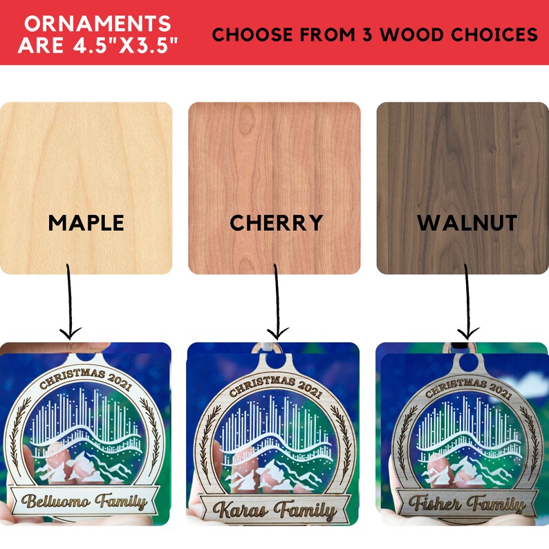 May include: Wooden Christmas ornaments, 4.5" x 3.5", in maple, cherry, and walnut. Each ornament features a winter scene with the text "Christmas 2021" and a family name. The image also includes the text "Choose from 3 wood choices."