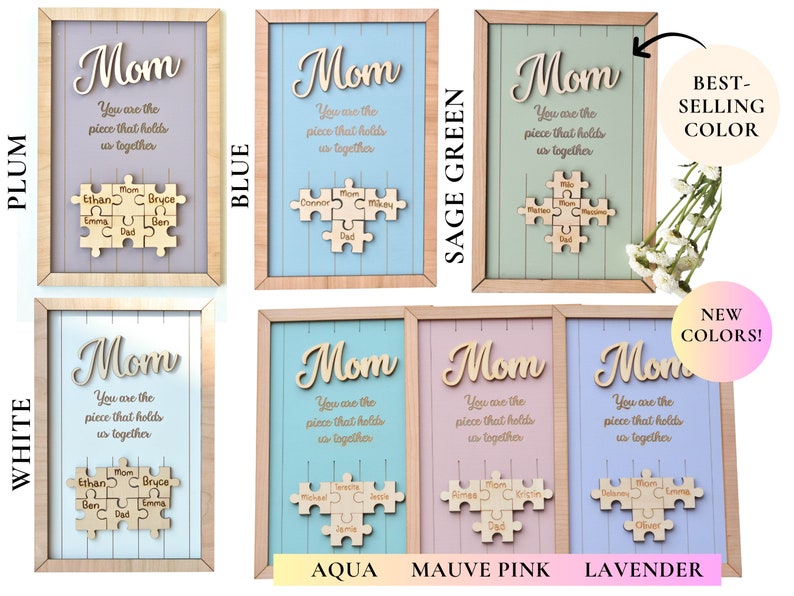 Mutter-Puzzle-Schild, Muttertagsgeschenk von Kindern, Ehemann, individuell graviertes Holzschild, Stück, das uns zusammenhält, Oma-Geschenk, personalisierbar, einzigartig Bild 4