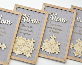 Mama Puzzle Zeichen Muttertagsgeschenk von Kindern Ehemann individuell graviertes Holzschild Stück das uns zusammenhält Oma Geschenk Personalisiertes Unikat